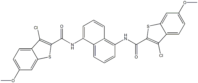 3-chloro-N-(5-{[(3-chloro-6-methoxy-1-benzothiophen-2-yl)carbonyl]amino}-1-naphthyl)-6-methoxy-1-benzothiophene-2-carboxamide 结构式