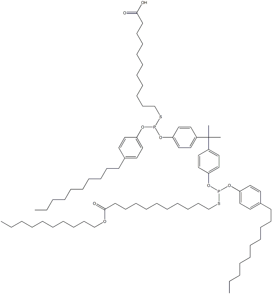 11,11'-[[Isopropylidenebis(4,1-phenyleneoxy)]bis[[(4-decylphenyl)oxy]phosphinediylthio]]bis(undecanoic acid decyl) ester 结构式