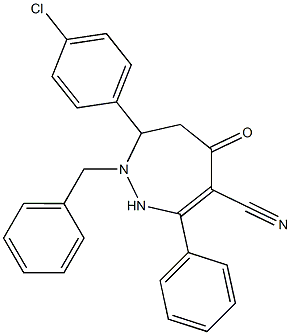 2-Benzyl-3-(4-chlorophenyl)-6-cyano-7-phenyl-1,2,3,4-tetrahydro-5H-1,2-diazepin-5-one 结构式