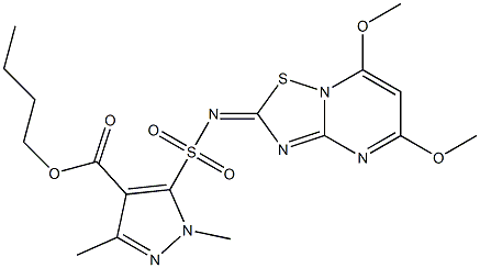 1,3-Dimethyl-5-[(5,7-dimethoxy-2H-[1,2,4]thiadiazolo[2,3-a]pyrimidin-2-ylidene)sulfamoyl]-1H-pyrazole-4-carboxylic acid butyl ester 结构式