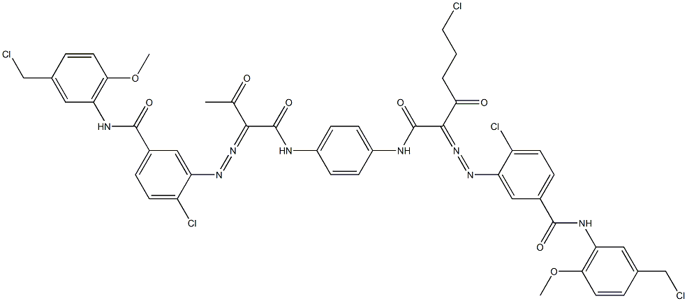 3,3'-[2-(2-Chloroethyl)-1,4-phenylenebis[iminocarbonyl(acetylmethylene)azo]]bis[N-[3-(chloromethyl)-6-methoxyphenyl]-4-chlorobenzamide] 结构式