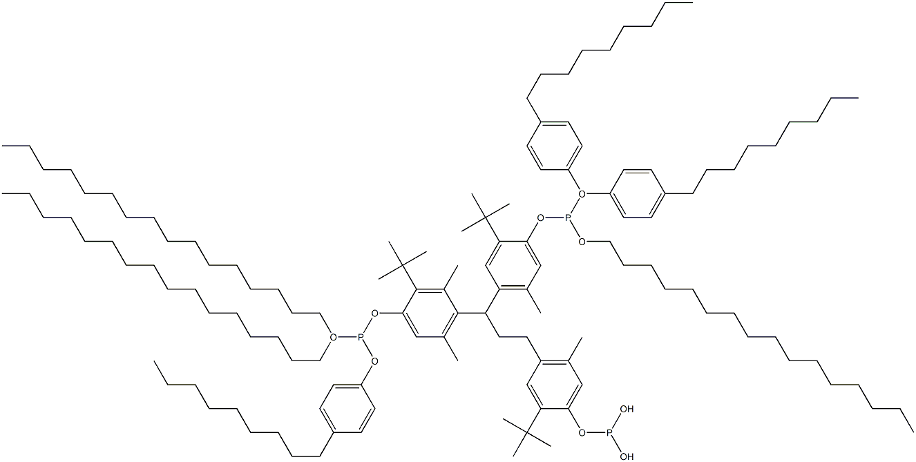 [3-Methyl-1,1,3-propanetriyltris(2-tert-butyl-5-methyl-4,1-phenyleneoxy)]tris(phosphonous acid)O,O',O'-trihexadecyl O,O'',O''-tris(4-nonylphenyl) ester 结构式