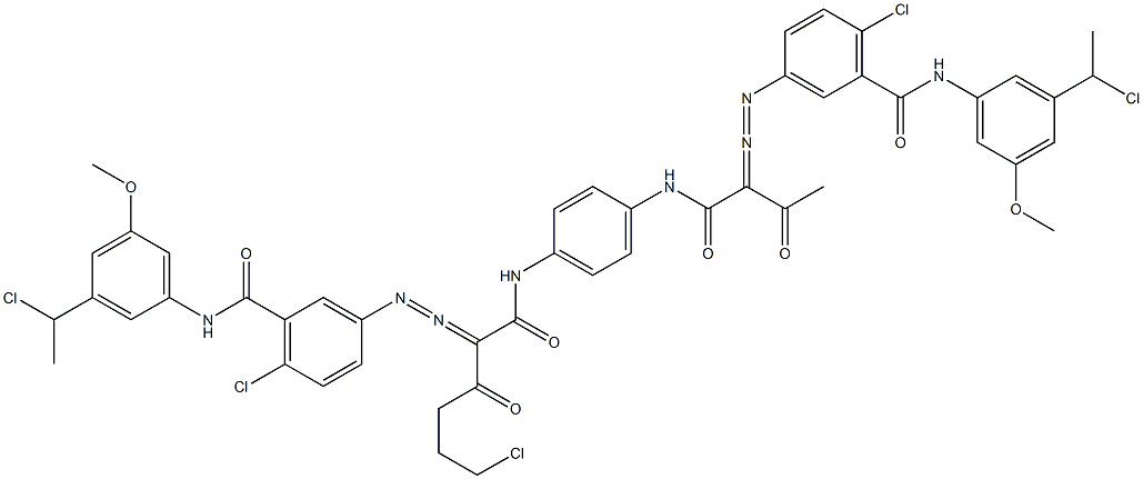 3,3'-[2-(2-Chloroethyl)-1,4-phenylenebis[iminocarbonyl(acetylmethylene)azo]]bis[N-[3-(1-chloroethyl)-5-methoxyphenyl]-6-chlorobenzamide] 结构式