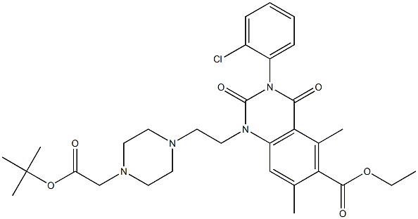 1,2,3,4-Tetrahydro-3-(2-chlorophenyl)-1-[2-(4-tert-butoxycarbonylmethyl-1-piperazinyl)ethyl]-5,7-dimethyl-2,4-dioxoquinazoline-6-carboxylic acid ethyl ester 结构式