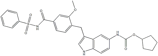 4-[5-(Cyclopentyloxycarbonylamino)-1H-indol-3-ylmethyl]-3-methoxy-N-(phenylsulfonyl)benzamide 结构式