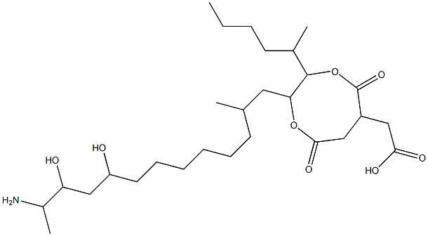 2-(12-Amino-9,11-dihydroxy-2-methyltridecyl)-3-(1-methylpentyl)-5,8-dioxo-1,4-dioxocane-6-acetic acid 结构式