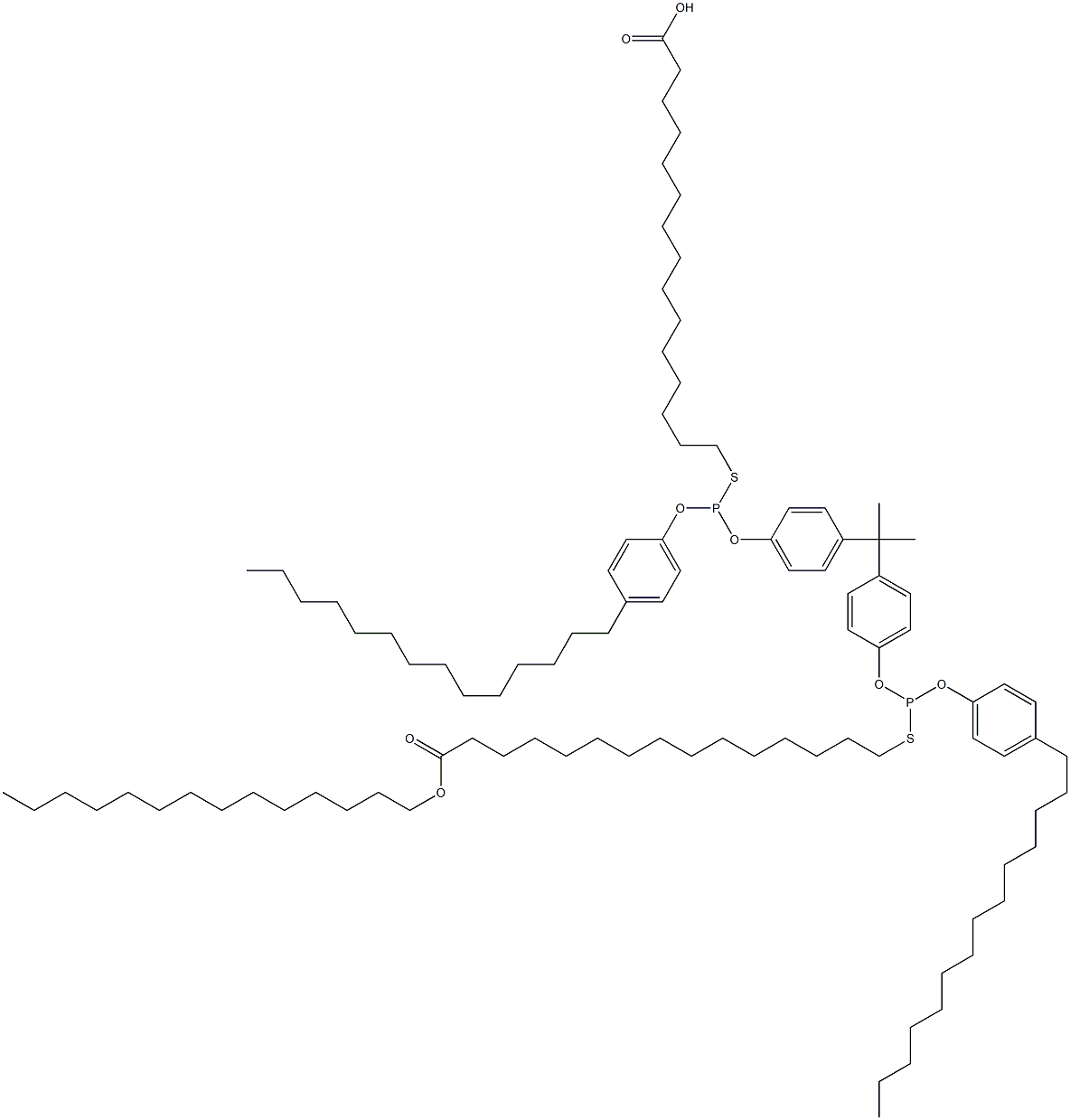 15,15'-[[Isopropylidenebis(4,1-phenyleneoxy)]bis[[(4-tetradecylphenyl)oxy]phosphinediylthio]]bis(pentadecanoic acid tetradecyl) ester 结构式