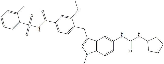 4-[5-(3-Cyclopentylureido)-1-methyl-1H-indol-3-ylmethyl]-3-methoxy-N-(2-methylphenylsulfonyl)benzamide 结构式