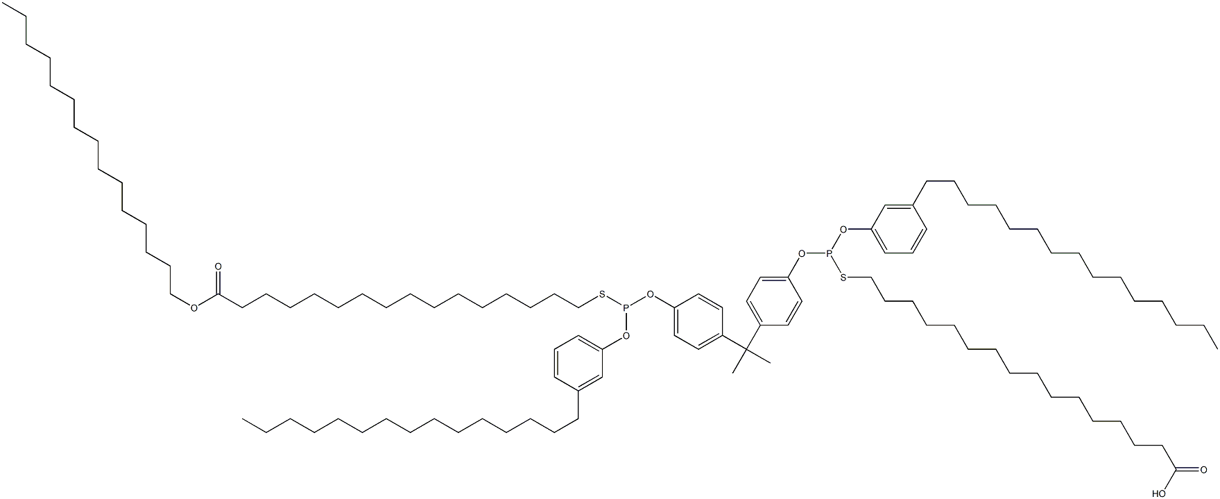 16,16'-[[Isopropylidenebis(4,1-phenyleneoxy)]bis[[(3-pentadecylphenyl)oxy]phosphinediylthio]]bis(hexadecanoic acid pentadecyl) ester 结构式