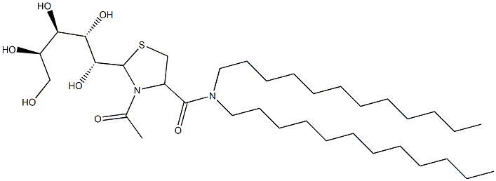 3-Acetyl-N,N-didodecyl-2-[(1R,2S,3R,4R)-1,2,3,4,5-pentahydroxypentyl]thiazolidine-4-carboxamide 结构式
