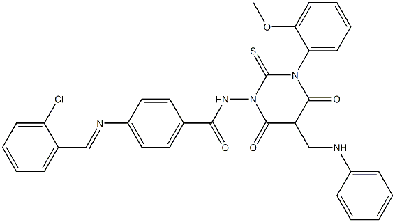 4-(2-Chlorobenzylideneamino)-N-[[hexahydro-4,6-dioxo-2-thioxo-3-(2-methoxyphenyl)-5-(phenylaminomethyl)pyrimidin]-1-yl]benzamide 结构式