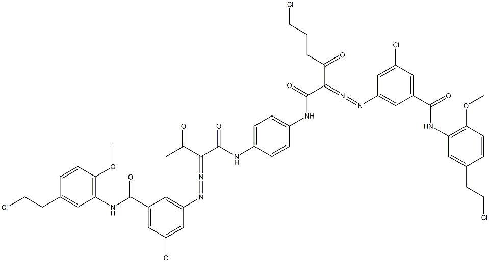 3,3'-[2-(2-Chloroethyl)-1,4-phenylenebis[iminocarbonyl(acetylmethylene)azo]]bis[N-[3-(2-chloroethyl)-6-methoxyphenyl]-5-chlorobenzamide] 结构式