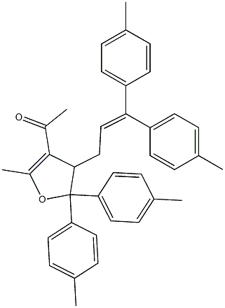 4,5-Dihydro-3-acetyl-2-methyl-4-[3,3-bis(4-methylphenyl)-2-propenyl]-5,5-bis(4-methylphenyl)furan 结构式