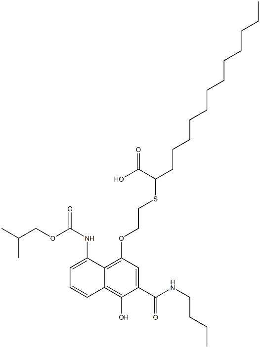 2-[2-[3-(Butylcarbamoyl)-4-hydroxy-8-[(2-methylpropoxy)carbonylamino]-1-naphtyloxy]ethylthio]tetradecanoic acid 结构式