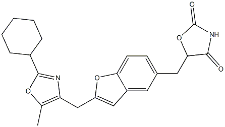 5-[[2-[[5-Methyl-2-cyclohexyl-4-oxazolyl]methyl]benzofuran-5-yl]methyl]oxazolidine-2,4-dione 结构式