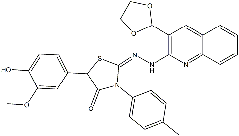 2-[2-[3-(1,3-Dioxolane-2-yl)quinoline-2-yl]hydrazono]-3-(4-methylphenyl)-5-(4-hydroxy-3-methoxyphenyl)thiazolidine-4-one 结构式