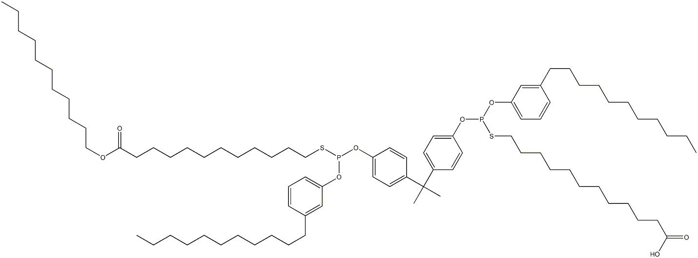 12,12'-[[Isopropylidenebis(4,1-phenyleneoxy)]bis[[(3-undecylphenyl)oxy]phosphinediylthio]]bis(dodecanoic acid undecyl) ester 结构式