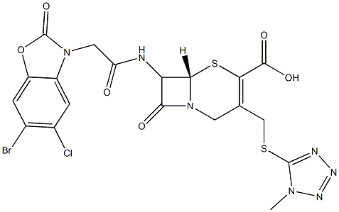 7-[[[(6-Bromo-5-chloro-2,3-dihydro-2-oxobenzoxazol)-3-yl]acetyl]amino]-3-[[(1-methyl-1H-tetrazol-5-yl)thio]methyl]cepham-3-ene-4-carboxylic acid 结构式