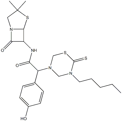 7-Oxo-3,3-dimethyl-6-[[[(tetrahydro-2-thioxo-3-pentyl-2H-1,3,5-thiadiazin)-5-yl](4-hydroxyphenyl)acetyl]amino]-4-thia-1-azabicyclo[3.2.0]heptane 结构式