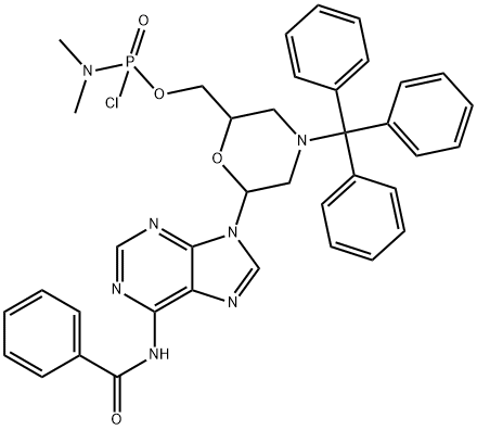 PHOSPHORAMIDOCHLORIDIC ACID, N,N-DIMETHYL-, [6-[6-(BENZOYLAMINO)-9H-PURIN-9-YL]-4-(TRIPHENYLMETHYL)-2-MORPHOLINYL]METHYL ESTER 结构式