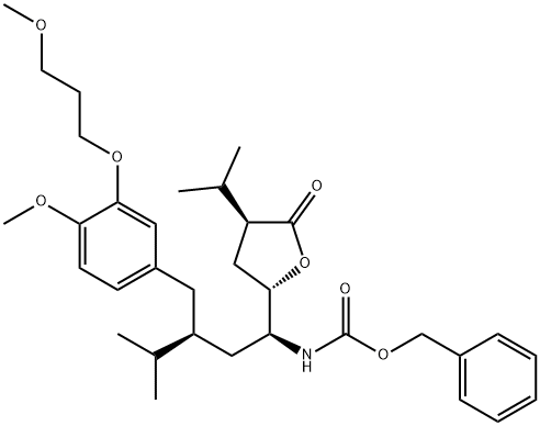 Carbamic acid, N-[(1S,3S)-3-[[4-methoxy-3-(3-methoxypropoxy)phenyl]methyl]-4-methyl-1-[(2S,4S)-tetrahydro-4-(1-methylethyl)-5-oxo-2-furanyl]pentyl]-, phenylmethyl ester 结构式