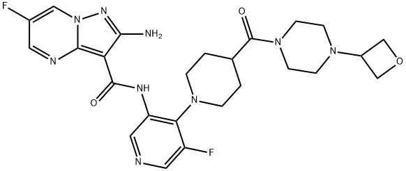 2-氨基-6-氟-N-(5-氟-4-(4-(4-(噁丁环烷-3-基)哌嗪-1-羰基)哌啶-1-基)吡啶-3-基)吡唑并[1,5-A]嘧啶-3-甲酰胺 结构式