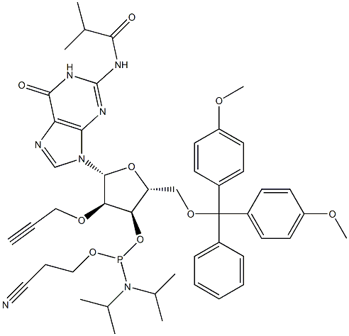 (2R,3R,4R,5R)-2-((双(4-甲氧基苯基)(苯基)甲氧基)甲基)-5-(2-异丁酰胺基-6-氧代-1,6-二氢-9H-嘌呤-9-基)-4-(丙-2-炔-1-氧基)四氢呋喃-3-基 (2-氰乙基)二异丙基亚磷酰胺 结构式