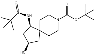 1,1-二甲基乙基(1R,3R)-1-[(R)-(1,1-二甲基乙基)亚磺酰基]氨基]-3-羟基-8-氮杂螺[4.5]癸烷-8-羧酸酯 结构式