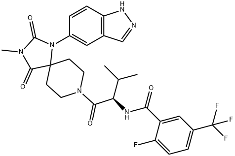Benzamide, 2-fluoro-N-[(1R)-1-[[1-(1H-indazol-5-yl)-3-methyl-2,4-dioxo-1,3,8-triazaspiro[4.5]dec-8-yl]carbonyl]-2-methylpropyl]-5-(trifluoromethyl)- 结构式