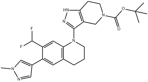 5H-Pyrazolo[4,3-c]pyridine-5-carboxylic acid, 3-[7-(difluoromethyl)-3,4-dihydro-6-(1-methyl-1H-pyrazol-4-yl)-1(2H)-quinolinyl]-1,4,6,7-tetrahydro-, 1,1-dimethylethyl ester 结构式