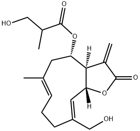 3-Hydroxy-2-methylpropionic acid [(3aR)-2,3,3aβ,4,5,8,9,11aα-octahydro-10-hydroxymethyl-6-methyl-3-methylene-2-oxocyclodeca[b]furan-4β-yl] ester 结构式