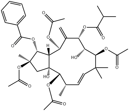 2,5,9,14-四乙酰氧基-3-苯甲酰基氧基-8,15-二羟基-7-异丁酰氧基-6(17),11E-麻风树属二烯 结构式