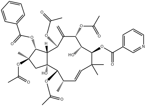 2,5,7,14-四乙酰氧基-3-苯甲酰基氧基-8,15-二羟基-9-烟酰氧基-6(17),11E-麻风树属二烯 结构式
