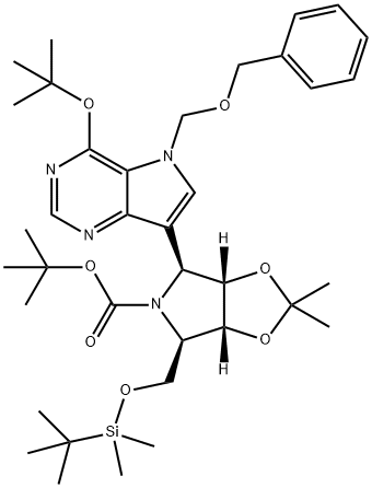 5H-1,3-Dioxolo4,5-cpyrrole-5-carboxylic acid, 4-4-(1,1-dimethylethoxy)-5-(phenylmethoxy)methyl-5H-pyrrolo3,2-dpyrimidin-7-yl-6-(1,1-dimethylethyl)dimethylsilyloxymethyltetrahydro-2,2-dimethyl-, 1,1-dimethylethyl ester, (3aS,4S,6R,6aR)- 结构式