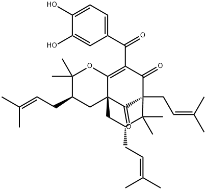 10-(3,4-Dihydroxybenzoyl)-3,4,5,6,7,8-hexahydro-2,2,7,7-tetramethyl-3α,6α,8-tris(3-methyl-2-butenyl)-9H-4aβ,8β-methano-2H-cycloocta[b]pyran-9,11-dione 结构式