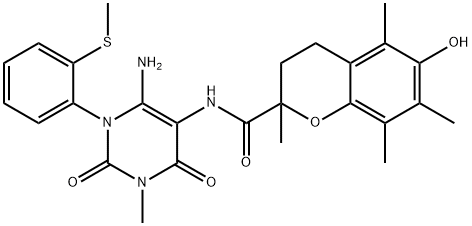 2H-1-Benzopyran-2-carboxamide,  N-[6-amino-1,2,3,4-tetrahydro-3-methyl-1-[2-(methylthio)phenyl]-2,4-dioxo-5-pyrimidinyl]-3,4-dihydro-6-hydroxy-2,5,7,8- 结构式