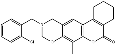 10-[(2-chlorophenyl)methyl]-7-methyl-1,2,3,4,9,11-hexahydroisochromeno[4,3-g][1,3]benzoxazin-5-one 结构式