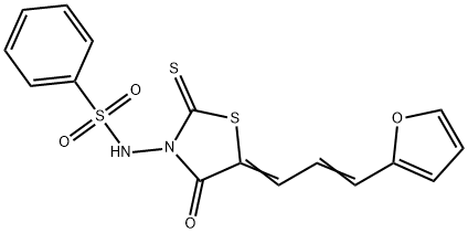 N-[(5Z)-5-[(E)-3-(furan-2-yl)prop-2-enylidene]-4-oxo-2-sulfanylidene-1,3-thiazolidin-3-yl]benzenesulfonamide 结构式