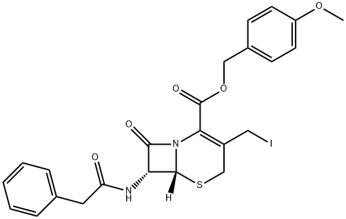 5-Thia-1-azabicyclo[4.2.0]oct-2-ene-2-carboxylic acid, 3-(iodomethyl)-8-oxo-7-[(2-phenylacetyl)amino]-, (4-methoxyphenyl)methyl ester, (6R,7R)- 结构式
