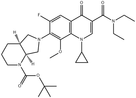 1H-Pyrrolo[3,4-b]pyridine-1-carboxylic acid, 6-[1-cyclopropyl-3-[(diethylamino)carbonyl]-6-fluoro-1,4-dihydro-8-methoxy-4-oxo-7-quinolinyl]octahydro-, 1,1-dimethylethyl ester, (4aS,7aS)- 结构式