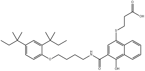 3-(3-(4-(2,4-bis(1,1-dimethylpropyl)phenoxy)butylaminocarbonyl-4-hydroxy-1-naphthalenyl)thio)propanoic acid 结构式