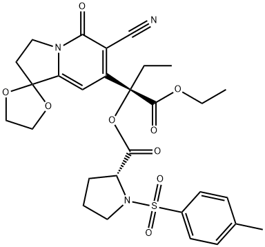 1-对甲苯磺酰基吡咯烷-2-甲酸[(R)-(S)-2-(6'-氰基-5'-氧代-3',5'-二氢-2'H-螺[[1,3]二氧戊环-2,1'-吲嗪]-7'-基)-1-乙氧基-1-氧代-2-丁基]酯 结构式
