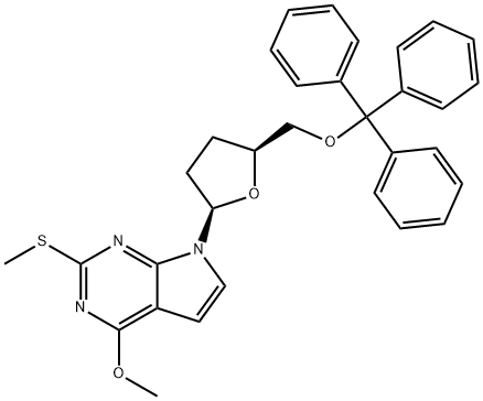 7H-Pyrrolo[2,3-d]pyrimidine, 4-methoxy-2-(methylthio)-7-[tetrahydro-5-[(triphenylmethoxy)methyl]-2-furanyl]-, (2R-cis)- (9CI) 结构式