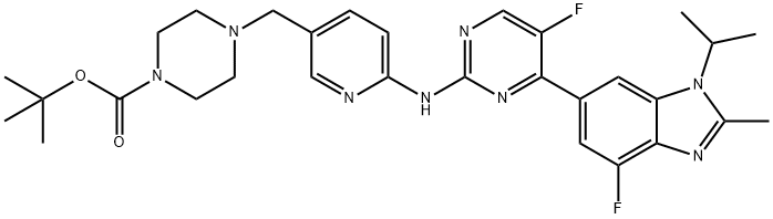 N-[5-[(4-Boc-1-piperazinyl)methyl]-2-pyridyl]-5-fluoro-4-(4-fluoro-1-isopropyl-2-methyl-6-benzimidazolyl)pyrimidin-2-amine 结构式