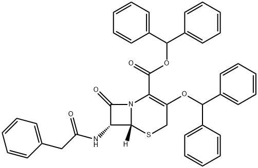 5-Thia-1-azabicyclo[4.2.0]oct-2-ene-2-carboxylic acid, 3-(diphenylmethoxy)-8-oxo-7-[(phenylacetyl)amino]-, diphenylmethyl ester, (6R-trans)- (9CI) 结构式