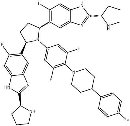 5, 5'-[(2R, 5R)-1-[3,5-二氟-4-(4-(4-氟苯基)哌啶-1-基)苯胺]-2,5-双四氢吡咯啉基]双[6-氟-2-(2S)-2-四氢吡咯-1H-苯并咪唑] 结构式