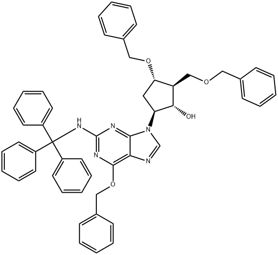 (1S,2S,3S,5S)-5-[(2-三苯基甲基氨基)-6-(苯基甲氧基)-9H-嘌呤-9-基]-3-(苯基甲氧基)-2-[(苯基甲氧基)甲基]环戊醇 结构式