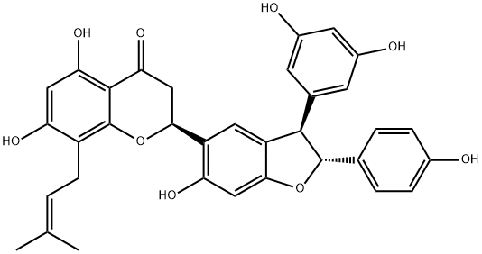 (2S)-5,7-Dihydroxy-2,3-dihydro-2α-[[(2R)-2β-(4-hydroxyphenyl)-3α-(3,5-dihydroxyphenyl)-6-hydroxy-2,3-dihydrobenzofuran]-5-yl]-8-(3-methyl-2-butenyl)-4H-1-benzopyran-4-one 结构式