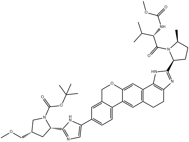 叔丁基 (2S,4S)-2-[5-(2-{(2S,5S)-1-[N-(甲氧基羰基)-L-缬氨酰]-5-甲基吡咯烷-2-基}-1,4,5,11-四氢异吡喃[4′,3′:6,7]萘并[1,2-D]咪唑-9-基)-1H-咪唑-2-基]-4-(甲氧基甲基)吡咯烷-1-羧酸 结构式