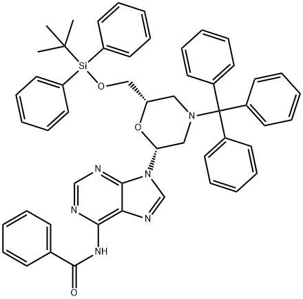 (2'R,6'S)-N6-benzoyl-9-{6'-[(tert-butyldiphenylsilyloxy)methyl]-N-tritylmorpholin-2'-yl}adenine 结构式